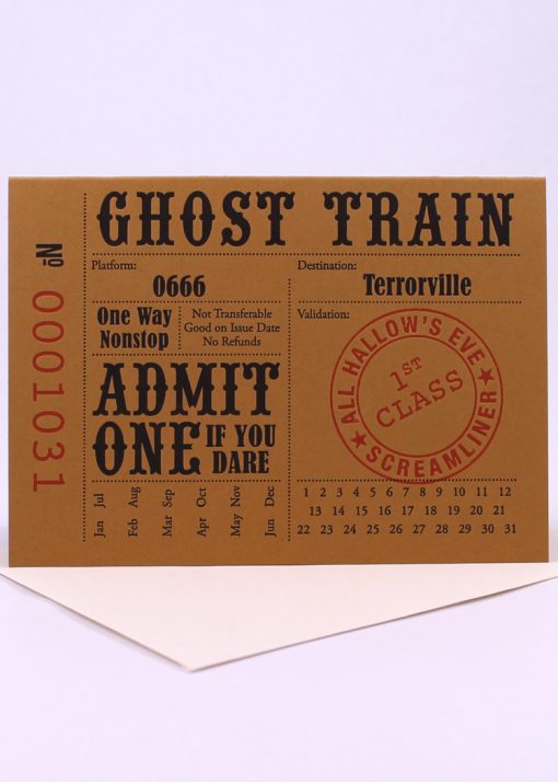 Vintage train ticket style Halloween card